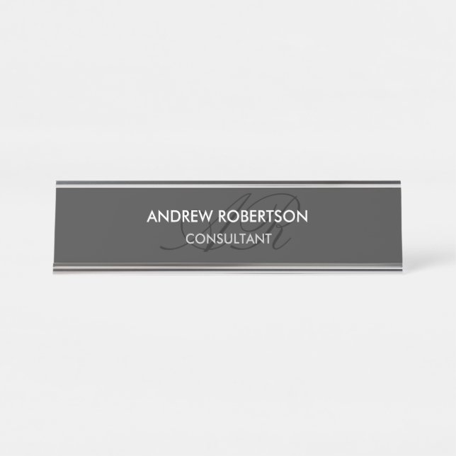 Modern Monogram Plain Grey Trendy Business Card Desk Name Plate (Front)