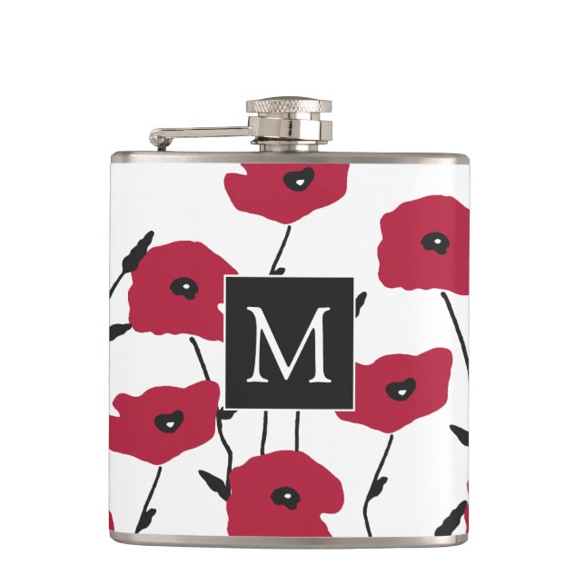 Modern Monogram Poppies Pattern Hip Flask (Front)