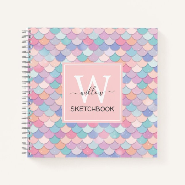 Modern Monogram Pretty Mermaid Pale Pink Sketch Notebook (Front)