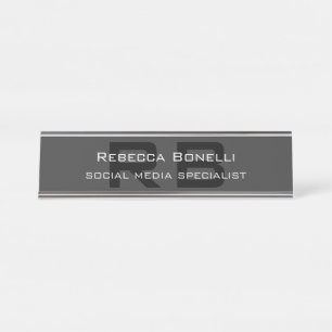 Modern Monogram Professional Black Grey Desk Name Plate