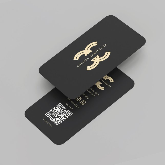 Modern Monogram Professional Logo C Black Gold Business Card (Modern Monogram Initial Reversed Letter C Elegant Professional Logo Black Gold QR code Business Card)