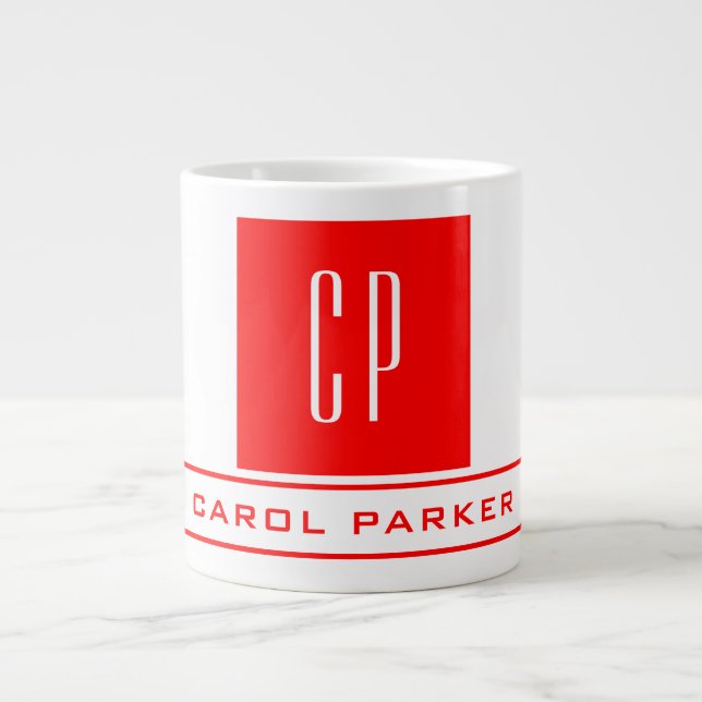 Modern Monogram Professional Plain Name Red White Large Coffee Mug (Front)