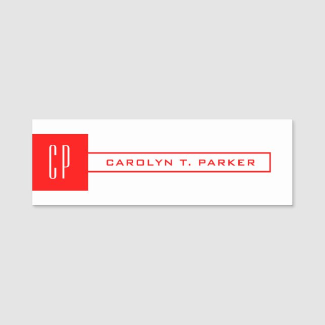 Modern Monogram Professional Plain Name Red White Tag (Front)