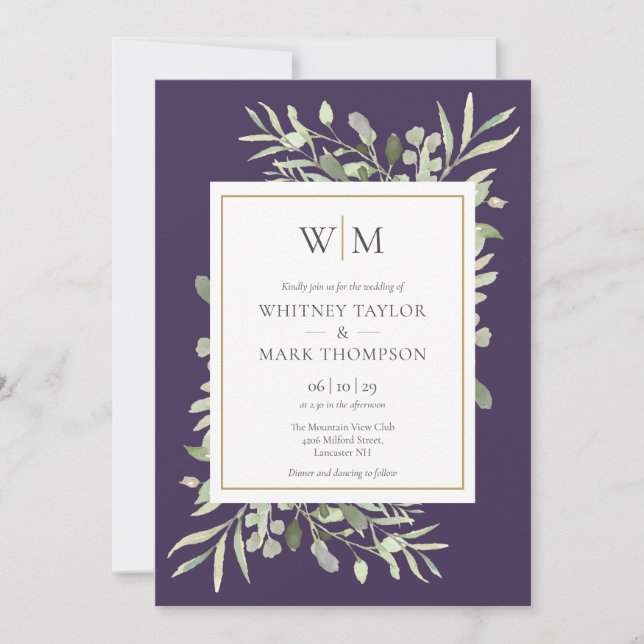 Modern Monogram Purple Greenery Wedding Invitation (Front)