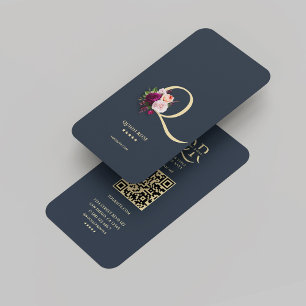 Modern Monogram Q Floral Dark Blue Gold  Business Card