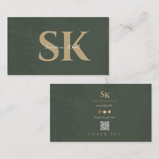 Modern Monogram QR code dark green social  icons Business Card (Front/Back)