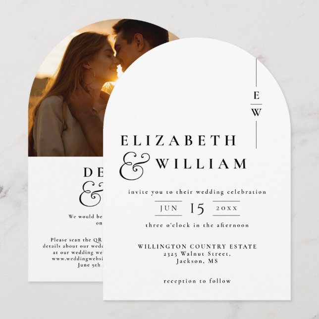 Modern Monogram QR Code Photo Wedding Arch Invitation (Front/Back)