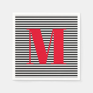Modern monogram red black white stripes initial napkin