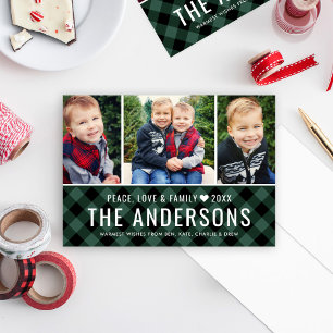 Modern Monogram Red Buffalo Plaid Photo Collage Holiday Card