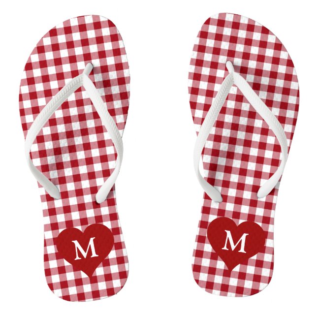 Modern Monogram Red Gingham Check Jandals (Footbed)