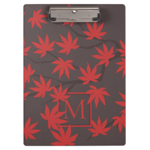 Modern Monogram Red Maple Leaf Grey Clipboard