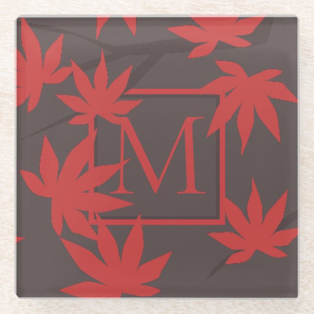 Modern Monogram Red Maple Leaf Grey Glass Coaster (Front)
