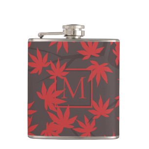 Modern Monogram Red Maple Leaf Grey Hip Flask