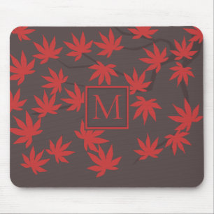 Modern Monogram Red Maple Leaf Grey Mouse Pad