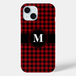 Modern Monogram Red Plaid Pattern iPhone 15 Case