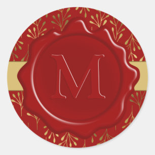 Modern Monogram Red Wax Seal Gold Leaf Pattern