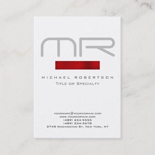 Modern Monogram Red White Clean Business Card (Front)