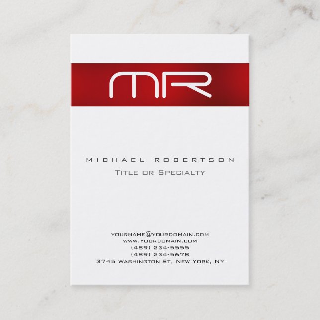 Modern Monogram Red White Clean Business Card (Front)