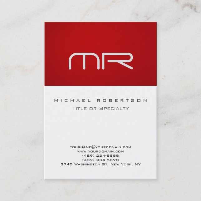 Modern Monogram Red White Clean Business Card (Front)