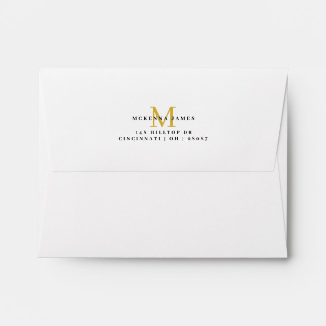 Modern Monogram Return Address Black Gold Envelope (Back (Top Flap))
