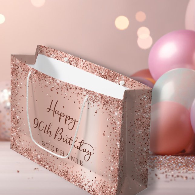 Modern Monogram Rose Gold Glitter 90th Birthday Large Gift Bag (Creator Uploaded)