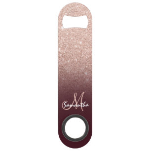 Modern monogram rose gold glitter ombre burgundy