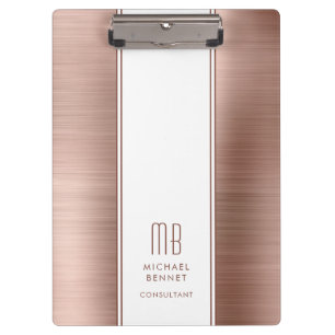 Modern Monogram Rose Gold Pink Business Clipboard