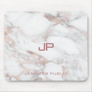Modern Monogram Rose Gold White Marble Elegant Mouse Pad