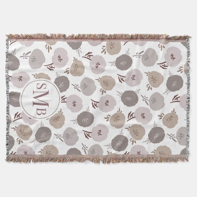 Modern Monogram Rose Taupe Floral Girl's Dorm Room Throw Blanket (Front)
