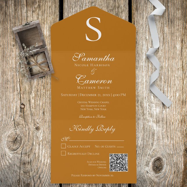 Modern Monogram Rust Burnt Orange QR Code All In One Invitation (Creator Uploaded)