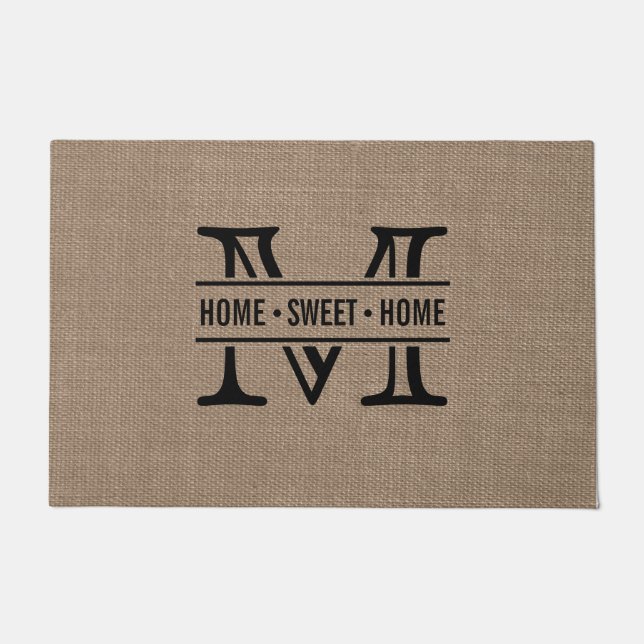 Modern Monogram & Rustic Burlap Effect Doormat (Front)