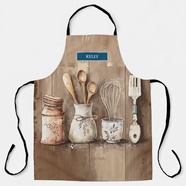 Modern Monogram Rustic Kitchen Utensils Apron (Front)
