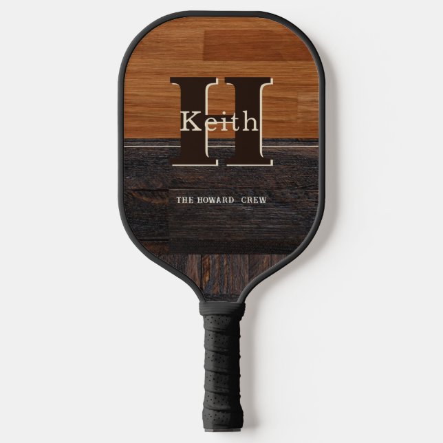 Modern Monogram Rustic Wood Tone Brown  Pickleball Paddle (Front)