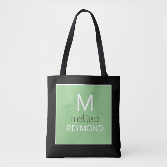 Modern monogram sage green black tote bag (Front)