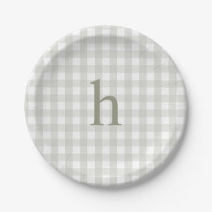 Modern Monogram Sage Green Gingham Paper Plate