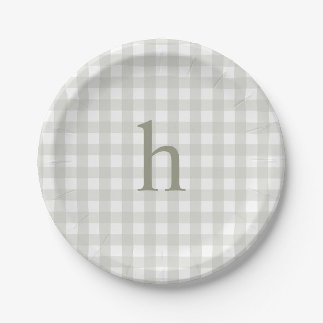 Modern Monogram Sage Green Gingham Paper Plate (Front)