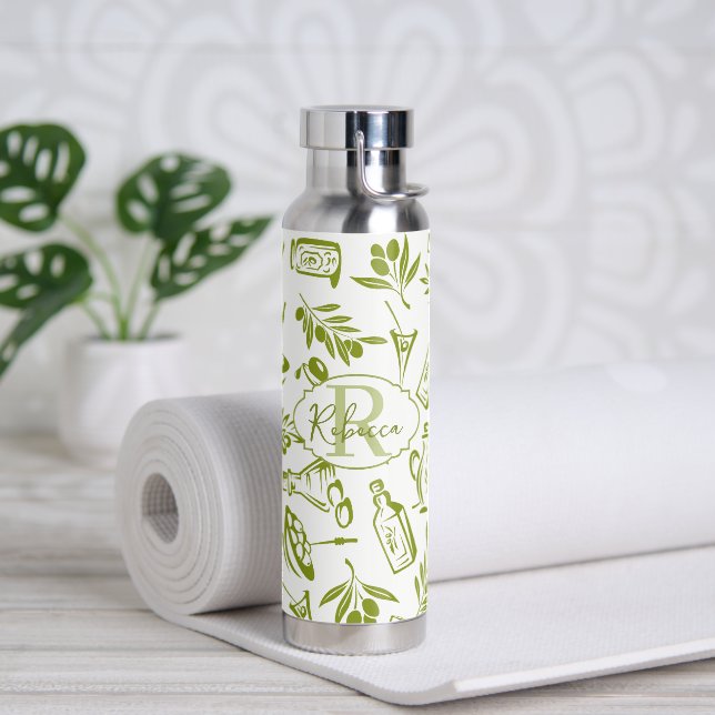 Modern Monogram Sage Green Olive Leaf Chic Design Water Bottle (Yoga (Rotated))