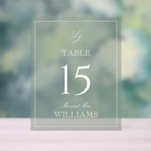 Modern Monogram Sage Green Wedding Table Number Acrylic Sign (Neutral)