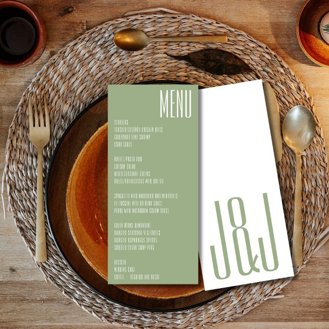 Modern Monogram Sage Green White Wedding Menu (Creator Uploaded)