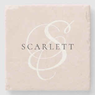 Modern Monogram Script Blush Pink Custom Name Stone Coaster