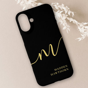 Modern Monogram Script Calligraphy Black Gold iPhone 16 Plus Case