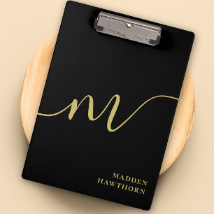Modern Monogram Script Calligraphy Black Gold Name Clipboard