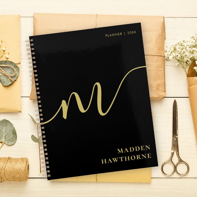 Modern Monogram Script Calligraphy Black Gold Name Planner (Creator Uploaded)