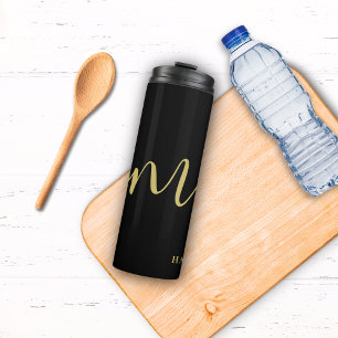 Modern Monogram Script Calligraphy Black Gold Name Thermal Tumbler
