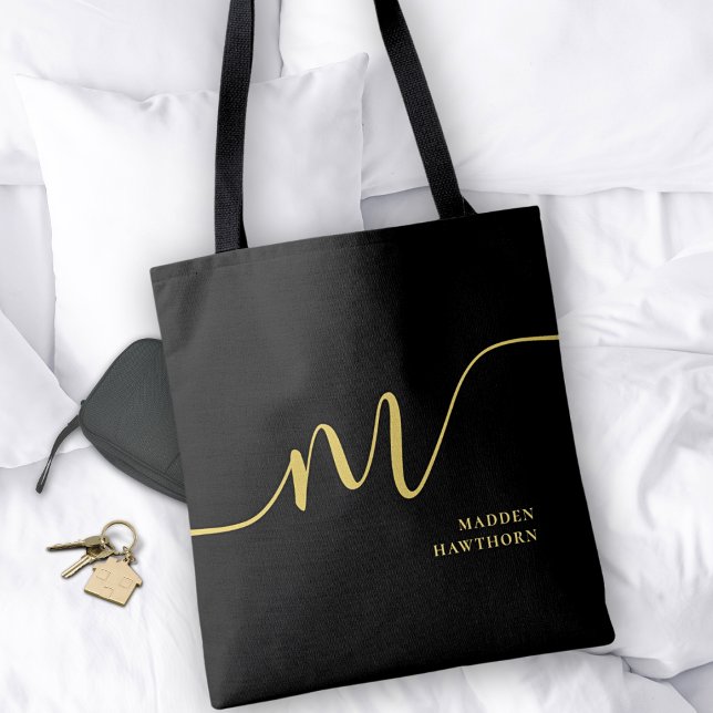 Modern Monogram Script Calligraphy Black Gold Name Tote Bag (Creator Uploaded)