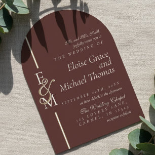 Modern Monogram Script Deep Red Arch Wedding Invitation