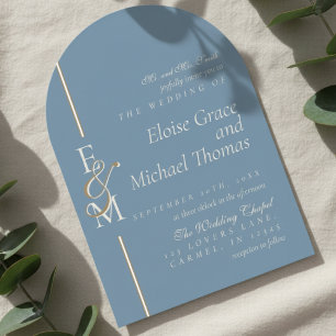 Modern Monogram Script Dusty Blue Arch Wedding Invitation