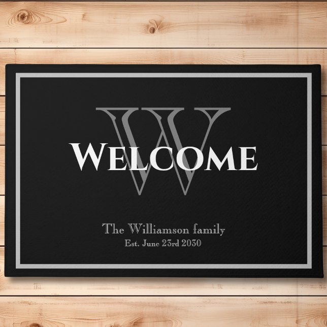  Modern Monogram Script Name Chic Wedding Welcome  Doormat (Monogram initial welcome doormat. Name & date established on black background. Perfect wedding gift.)