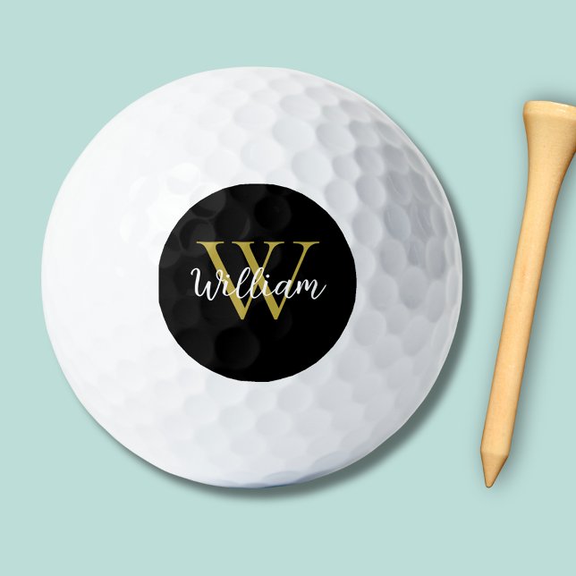Modern Monogram Script Name Golf Balls (Modern stylish black and gold monogram personalized golf balls)