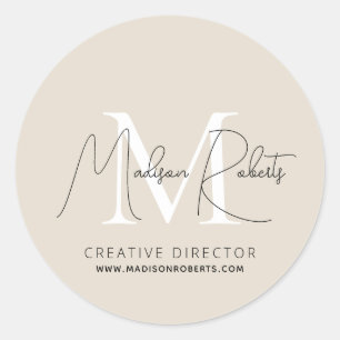  Modern monogram script name logo beige  Classic Round Sticker
